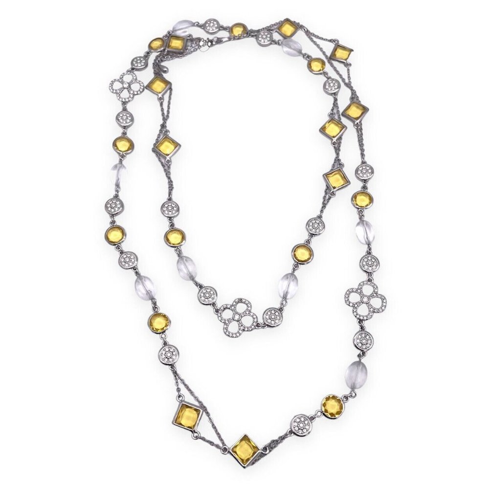 Lia Sophia Rhinestone Gemstone Flower Chain Necklace Silver Tone 45-48 Inch